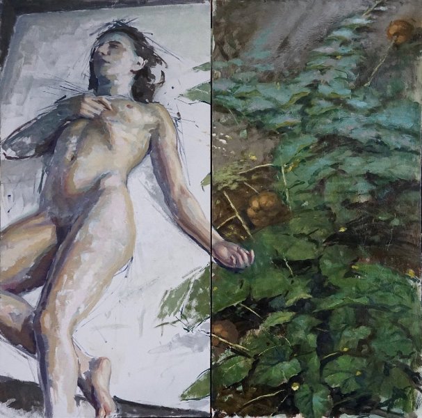 <em>Figure.Garden,</em>  48 x 48 inches (diptych), oil on panel