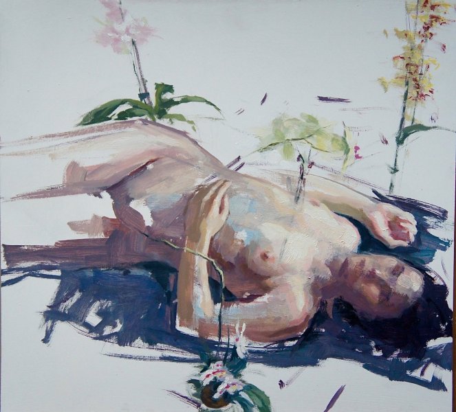 <em>Figure with Orchids,</em>  24x26  inches, oil on panel