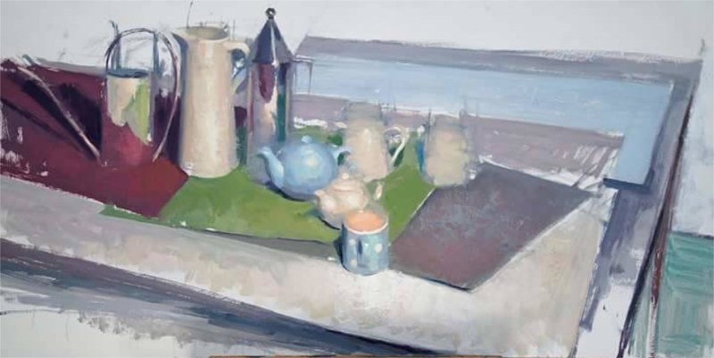 <em>Still life on Colored Paper</em>, 24 x 48 inches, oil on panel